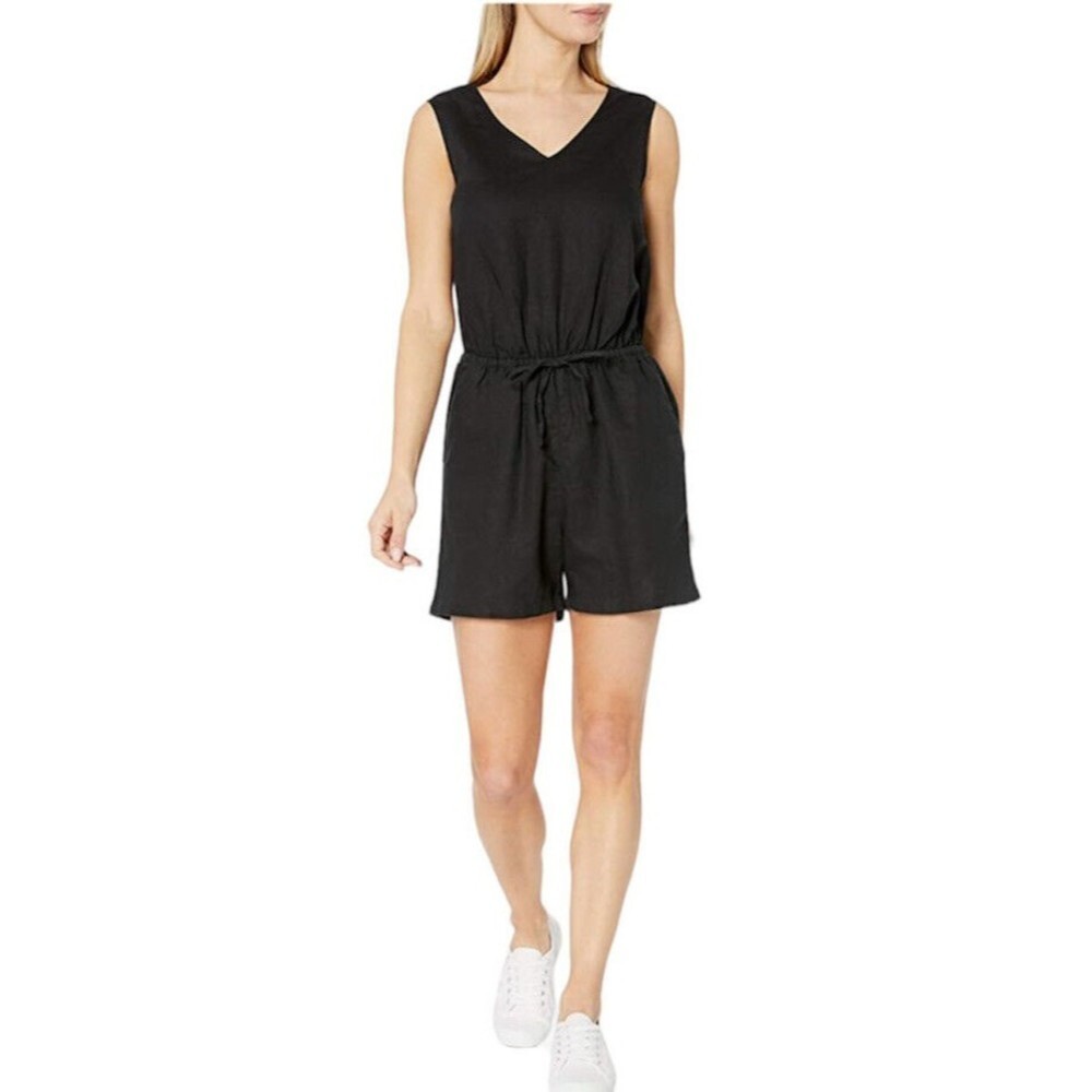 Women Black Romper Size 4 Linen Blend V Neck Drawstring - Picture 2 of 7